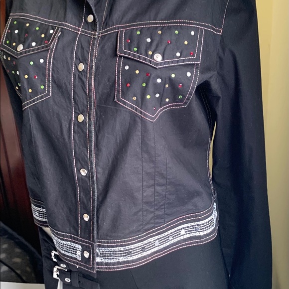Black Cotton Collared Short Blazer Jacket colorful Jeweled beadings Rhinestones - Picture 10 of 16